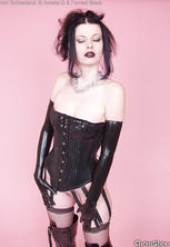 Latex goth girl in exotic corset and stockings. 