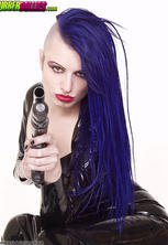Bluehaired punk chick long latex skirt and shotgun