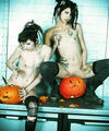 Hot petite naked Emo Goth girls carving pumpkins together